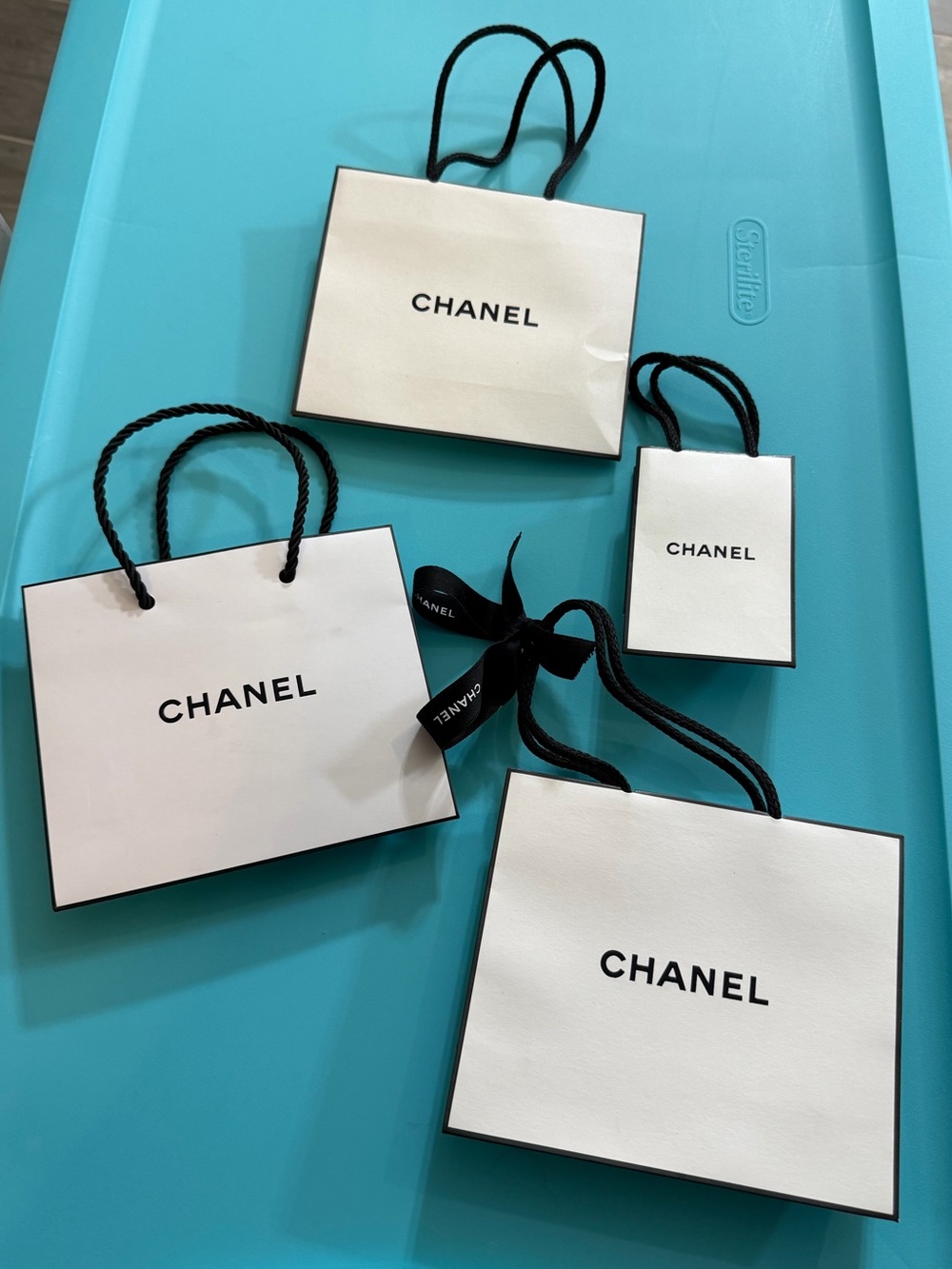 CHANEL White Mini & Small Shopping Bags with Black Rope Handles